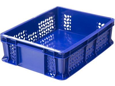 Ящик п/э 400х300х120 дно сплошное, стенки перфорированные, с внешней ручкой цв. синий (701.02.02)