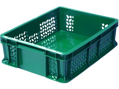 Ящик п/э 400х300х120 дно сплошное, стенки перфорированные, с внешней ручкой цв. зелёный (701.02.02)