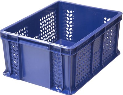 Ящик п/э 400х300х180 дно сплошное, стенки перфорированные, с внешней ручкой цв. синий (702.02.02)