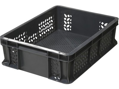 Ящик п/э 400х300х120 перфорированный, с внешней ручкой цв. чёрный (701.01.02)