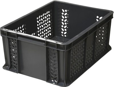 Ящик п/э 400х300х180 перфорированный, с внешней ручкой цв. чёрный (702.01.02)