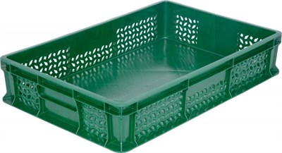 Ящик п/э 600х400х120 мороз. дно сплошное, стенки перфорированные, без ручек цв. зелёный (704.02.02 м)